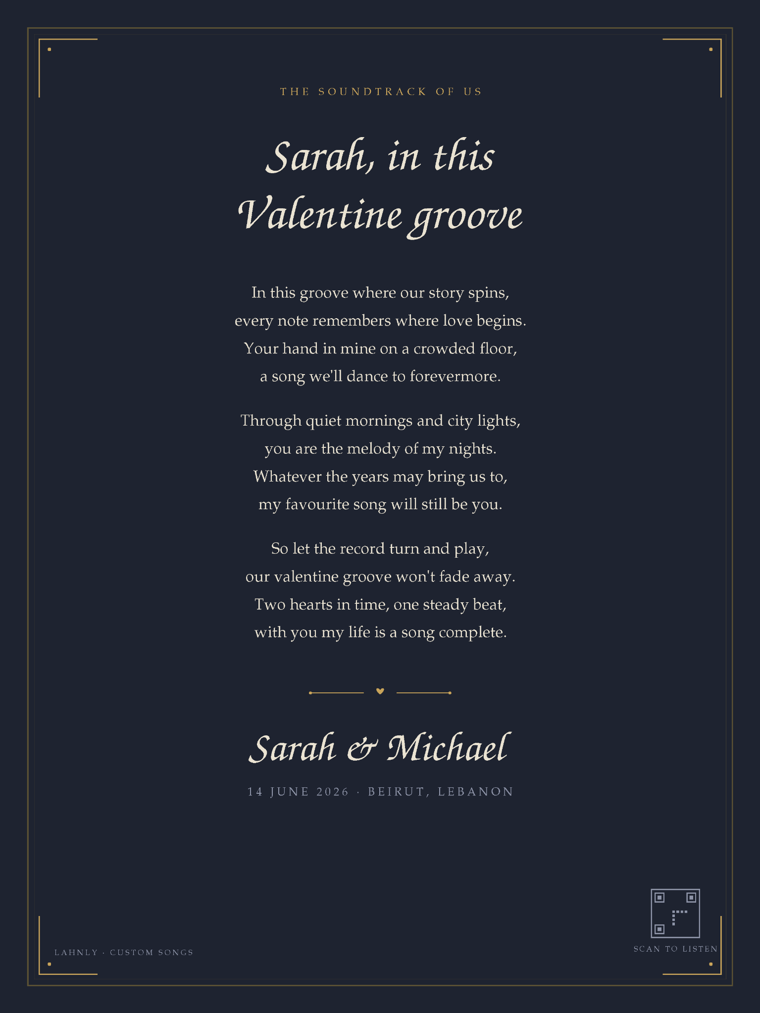 Digital lyric art example with an elegant dark lyric-sheet layout for Sarah and Michael